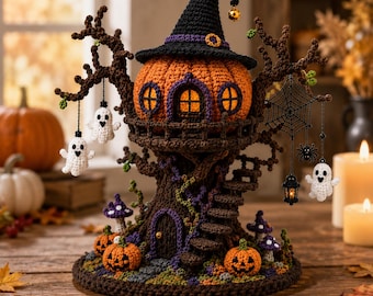 Häkelanleitung für ein Halloween-Spukhaus, Kürbis-Baumhaus (PDF), Häkelhaus mit Hexenhut