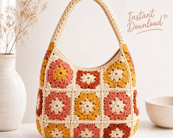 Patrón de ganchillo para bolso hobo, bolso cuadrado Sunset Bloom Grandma en PDF, bolso de hombro de ganchillo floral, descarga instantánea.