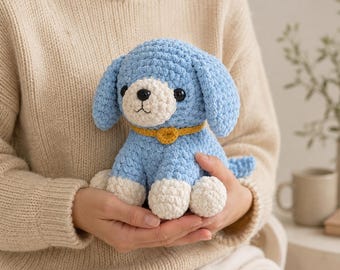 Modello per cucciolo all'uncinetto, Amigurumi cane PDF, Modello cucciolo di peluche blu, Simpatico giocattolo all'uncinetto in ciniglia
