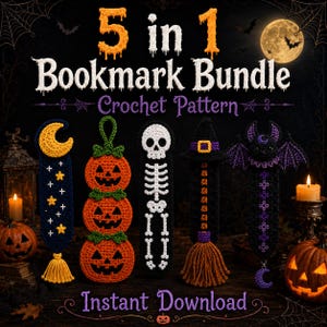 Peut inclure: Un modèle de crochet pour un lot de 5 marque-pages comprenant cinq motifs distincts : une lune et des étoiles, trois citrouilles empilées, un squelette, un balai de sorcière et une chauve-souris avec un croissant de lune. Texte : 5 in 1 Bookmark Bundle.