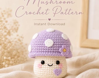 Patrón de amigurumi de seta a crochet, dulce seta lila en PDF, lindo juguete de crochet, descarga instantánea.