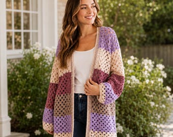 Patrón de cárdigan de abuela a crochet, cárdigan de abuela Lavender Dune en PDF, suéter de crochet extragrande, descarga instantánea.