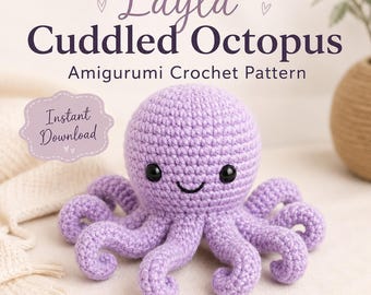 Patrón de ganchillo de pulpo, amigurumi de rizo lila en PDF, lindo juguete de ganchillo de animal marino, descarga instantánea.