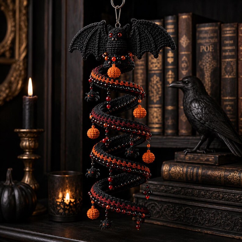 May include: A hanging crochet decoration featuring a black bat at the top with red eyes, attached to a long, black and orange spiral structure. The spiral is adorned with small orange crocheted pumpkins, black spider charms, and red beads.