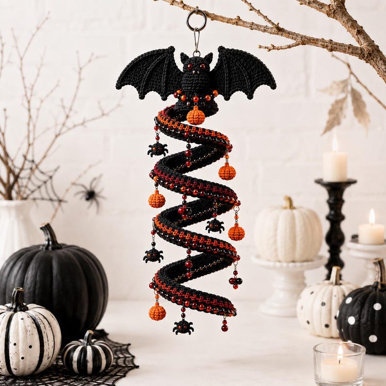 May include: A hanging crochet decoration featuring a black bat at the top, connected to a long, spiraling black and orange tube. The spiral is adorned with small orange crochet pumpkins, black crochet spiders, and red beads hanging from thin chains.