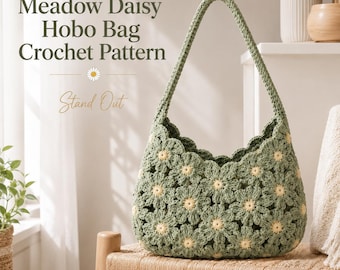 Patrón de ganchillo para bolso hobo, bolso Sage Meadow Daisy en PDF, bolso de hombro floral de ganchillo, descarga instantánea.