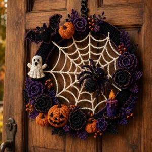 K&ouml;nnte beinhalten: Ein runder Halloween-Kranz mit einem geh&auml;kelten wei&szlig;en Spinnennetz in der Mitte, einer schwarzen Spinne, einem wei&szlig;en Geist, einer schwarzen Fledermaus, orangefarbenen K&uuml;rbissen, violetten und schwarzen geh&auml;kelten Blumen und einer violetten Kerze.