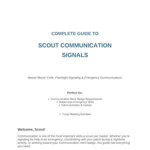 Peut inclure: Une couverture de livre blanche avec le titre "COMPLETE GUIDE TO SCOUT COMMUNICATION SIGNALS" en bleu. Le livre traite de sujets tels que le code Morse et les communications d'urgence.