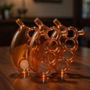 May include: Three amber-colored glass decorative objects. Each object has a rounded shape with a series of circular cutouts and a small spout. The objects are arranged on a wooden surface, with soft lighting in the background.