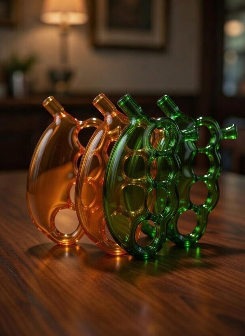 May include: Three decorative glass pieces in shades of amber, orange, and green are arranged on a wooden surface. Each piece has a unique, open design with a rounded shape and a small spout.
