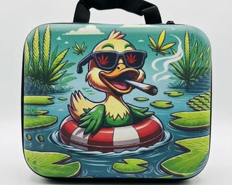 Psychedelic Duck Herb Accessory Set with Case - Trippy Smoking Kit, Rolling Tray, Grinder, Storage Jar, Glass Pipe Set - Cute Stoner Gift