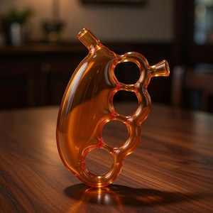 May include: An amber-colored glass decorative object with a unique design. The object features three circular openings and two spouts. It is placed on a wooden surface, with a blurred background. The glass has a glossy finish, reflecting the light.