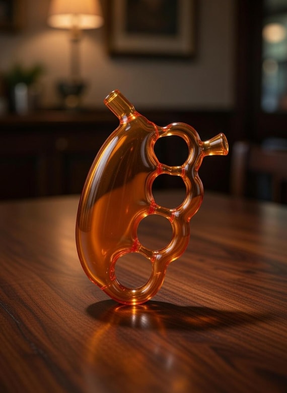 Unique Amber Glass Knuckle Pipe - Novelty Handheld Design - Heavy Duty Glass Art