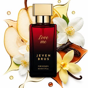 Może przedstawiać: Prostokątny flakon perfum z gradientem od czerwieni do czerni, złotą nakrętką oraz napisem Love me JEVEN BRUS FOR WOMEN 50 ml 1.7 fl. oz. Otaczają go plasterki gruszki, białe kwiaty jaśminu, laski wanilii i złote rozpryski płynu.