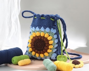 Sunflower Crocheted Bag | Granny Square Drawstring Purse | Boho Summer Accessory