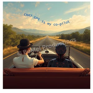 May include: An illustration of a classic car on a long road, with a person in a bowler hat driving and a robot in the passenger seat. The sky is blue with the text "CHAT GPT is my co-pilot".