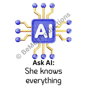 Op de afbeelding: Een digitale illustratie van een AI-printplaat met de letters "AI" in het wit. De printplaat is blauw met gouden lijnen en blauwe bollen. De tekst "Ask AI: She knows everything" staat eronder.