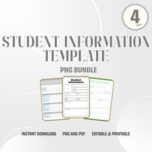 Peut inclure: Un ensemble PNG de modèles d'informations sur les étudiants. L'image montre trois formulaires d'informations sur les étudiants avec des bordures vertes et bleues. Le texte sur l'image indique "Student Information Template" et "PNG Bundle". L'image indique également "Instant Download", "PNG and PDF" et "Editable & Printable".