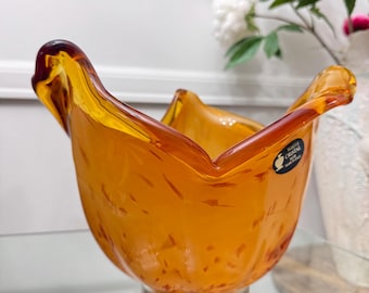 Murano Amber Art Glass Bowl • Hand-Blown Freeform Sculpture, Italian Glass