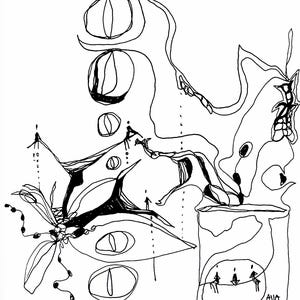 May include: An abstract black and white line drawing featuring organic shapes and eye-like forms. The artwork is composed of interconnected lines, creating a dynamic and surreal composition. The artist's signature is in the lower right corner.