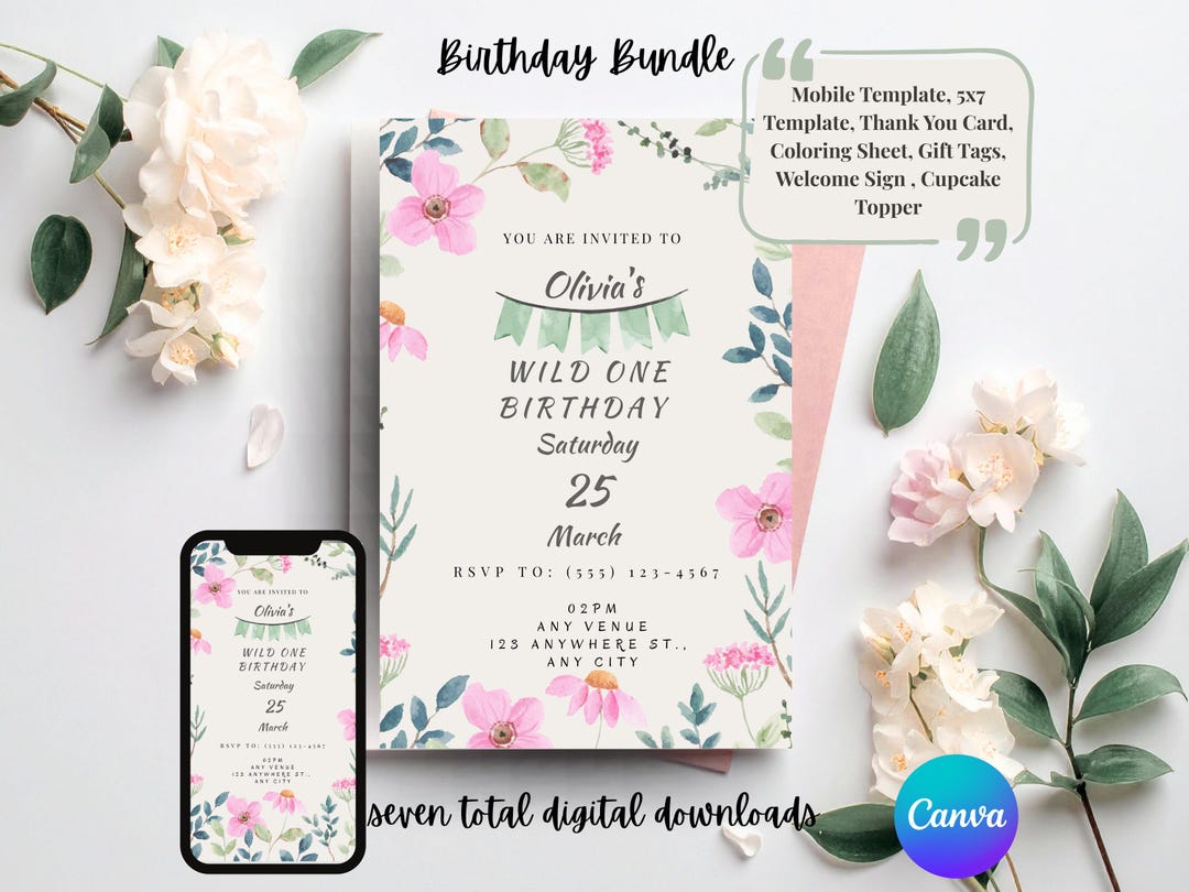 Wildflower Wild One Birthday Invitation Bundle, Editable Canva Template ...