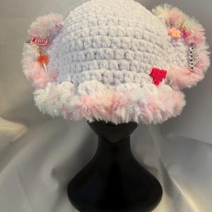 White Crochet Levity Bucket Hat with rainbow faux Fur Trim Levity Crochet Hat - Etsy main image 2