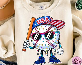 USA Drip Baseball PNG, Patriotic Baseball Player Graphic, 4th of July Baseball PNG, Funny Melting Baseball Design, Baseball Fan Download