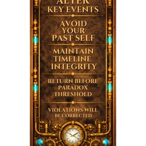 May include: A steampunk-style sign with the text "NOTICE TO TRAVELERS." It features a clock, pipes, and glowing blue lights. The sign warns against altering key events and maintaining timeline integrity. The overall color scheme is brown and gold.