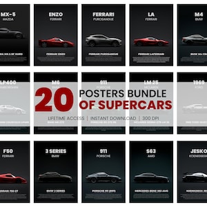 May include: A bundle of 20 supercar posters, showcasing various car models from brands like Ferrari, Porsche, and BMW. The posters feature text including "POSTERS BUNDLE OF SUPERCARS" and "LIFETIME ACCESS".