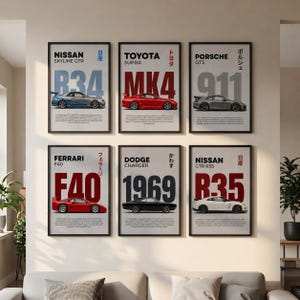 Könnte beinhalten: Ein Set aus sechs gerahmten Wandbildern mit Automobilillustrationen eines Nissan Skyline GTR R34, Toyota Supra MK4, Porsche 911 GT3, Ferrari F40, 1969 Dodge Charger und Nissan GTR R35, jeweils mit Modellnamen und beschreibendem Text.