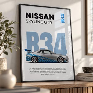 Könnte beinhalten: Ein gerahmtes Poster mit einem silbernen Nissan Skyline GTR R34 mit blauen Seitenaufklebern. Der Text lautet NISSAN SKYLINE GTR, R34, und enthält japanische Schriftzeichen. Ein Textabschnitt unten beschreibt den Motor und die technischen Daten.