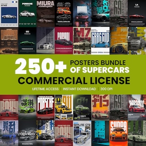 Puede incluir: Un conjunto de carteles de superdeportivos, con varios modelos de coches como Porsche, Lamborghini y Toyota. Los carteles tienen una variedad de colores y diseños, con el texto "250+ Posters Bundle of Supercars Commercial License".