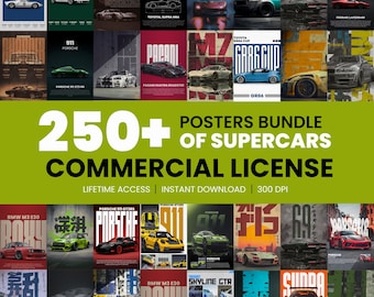 May include: A collection of supercar posters, featuring various car models like Porsche, Lamborghini, and Toyota. The posters have a variety of colors and designs, with text that reads "250+ Posters Bundle of Supercars Commercial License."