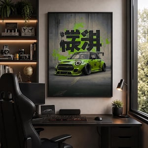 May include: A framed wall art print featuring a lime green modified hatchback car with a wide body kit, a rear spoiler, and black wheels. The background is a concrete wall with bright green paint splatters and large black Japanese kanji characters.