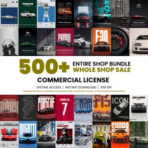 Op de afbeelding: Een digitale collectie van meer dan 500 posters met diverse sportwagens, racewagens en atleten. De afbeelding toont een raster van individuele ontwerpen, waaronder Porsche-, Ferrari- en Toyota-modellen, met de tekst 500+ Entire Shop Bundle.