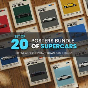 Può includere: Un pacchetto di 20 poster di supercar, ognuno con un modello di auto diverso con specifiche tecniche. I poster hanno un design minimalista con uno sfondo colorato e il nome dell'auto. Il testo "SET OF 20 POSTERS BUNDLE OF SUPERCARS" è visibile.
