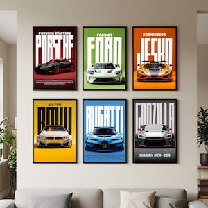 Zestaw 6 plakatów z supersamochodami | Egzotyczne dekoracje ścienne | Porsche GT3RS, Bugatti, Nissan GTR | Pobieranie cyfrowe | Dekoracje do garażu