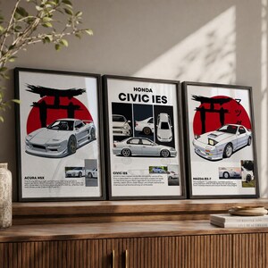 JDM-bilposters, set om 3 | Väggkonst med Mazda RX-7, Honda Civic och Acura NSX | Bildekor | Väggtryck med garagemotiv | Digital nedladdning