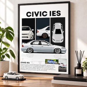 May include: A framed poster titled CIVIC IES featuring illustrations of a white sedan from front, side, and top angles. The print includes descriptive text about the 1.6-litre SOHC engine and EK-era design, alongside two small photographic insets.