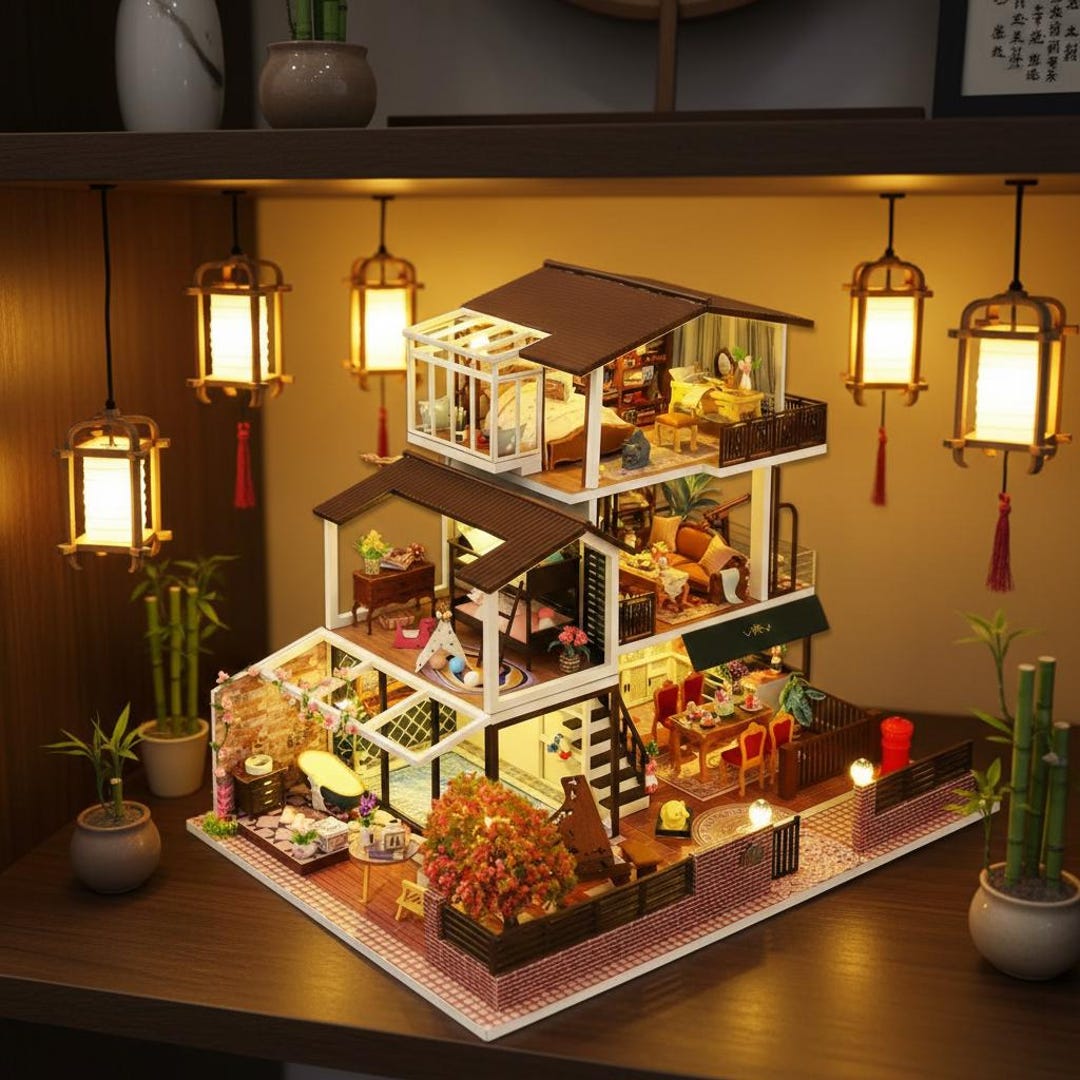 Modern Multi-level Miniature Dollhouse With LED Lights – Contemporary ...