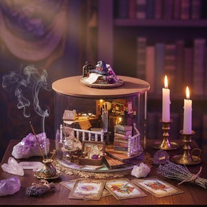 Puede incluir: Una escena de biblioteca de brujas en miniatura dentro de un cilindro de vidrio, con un pequeño sombrero encima. La escena incluye libros diminutos, una escalera y un cofre del tesoro. Cristales de amatista, cartas del tarot y velas encendidas rodean el cilindro.