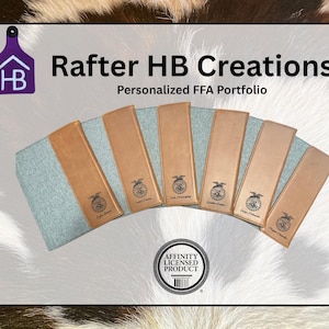 May include: Six personalized portfolios with light blue fabric covers and tan leather accents, each featuring an FFA emblem and name. The text reads Rafter HB Creations, Personalized FFA Portfolio, and Affinity Licensed Product.