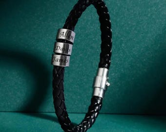 Personalised Name Leather Bracelet for Man, Men's Leather Bracelet Custom Engraved Black Leather Beads Bracelet Small Custom Bead for Him