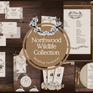 May include: A collection of wedding templates with a rustic, wildlife theme. The design includes invitations, place cards, and menus, all featuring illustrations of animals and floral accents. The color palette is neutral, with brown and cream tones.