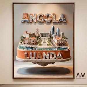 May include: A framed miniature diorama of Angola and Luanda. The word "ANGOLA" is displayed above a detailed model of the city, featuring buildings, water, and the word "LUANDA" at the base. The diorama is set against a neutral background.