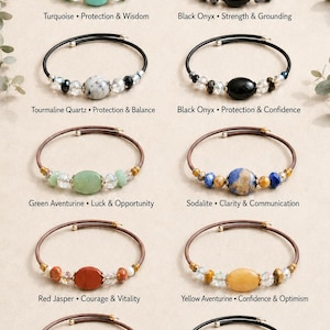 May include: Ten memory-wire bracelets arranged in two columns, each featuring a central gemstone bead flanked by smaller accent beads. The text reads Gemstone Memory-Wire Bracelets and Handmade by Spirit Gems, with labels for Turquoise, Black Onyx, Tourmaline Quartz, Green Aventurine, Sodalite, Red Jasper, Yellow Aventurine, and Labradorite.