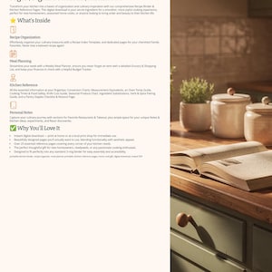 May include: Digital download of a "Printable Recipe Binder & Kitchen Reference Pages." The image shows a recipe binder with sections for recipe organization, meal planning, and kitchen reference. It includes conversion charts and personal notes. Designed for easy assembly.