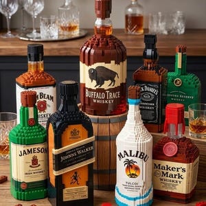 May include: A collection of seven liquor bottles constructed from plastic building blocks, including Buffalo Trace, Jim Beam, Johnnie Walker, Jameson, Jack Daniel's, Malibu, and Maker's Mark. The bottles are arranged on a wooden surface with loose bricks.