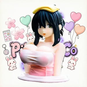 May include: A plastic anime-style figurine of a character with black hair and a yellow towel on their head, wearing a pink towel wrapped around their chest. The background features illustrations of pink cherry blossoms, heart-shaped balloons, and white rabbits.