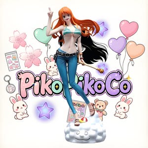 Puede incluir: Figura de una mujer con cabello naranja, que lleva un top de bikini a rayas y vaqueros azules. Sostiene un bastón y está de pie sobre una nube. El fondo incluye gráficos de dibujos animados, globos y el texto "Piko Piko Co."